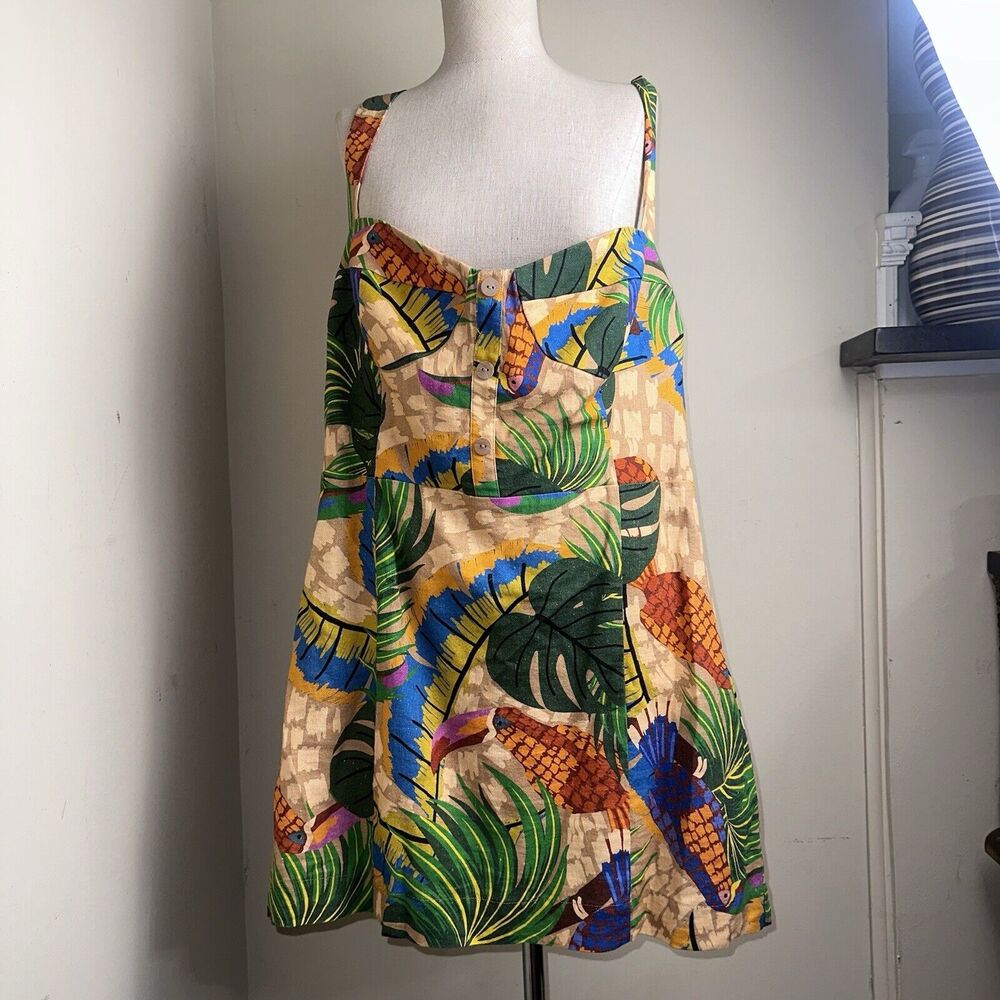 NWT House Of Harlow 1960 Linen Tropical Toucan Mini Dress Vacation Beach Sz XL